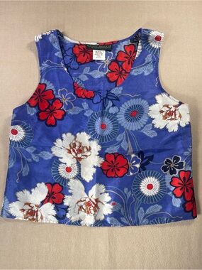 Silk Blue Floral Sleeveless Camisole with Red & White Accents